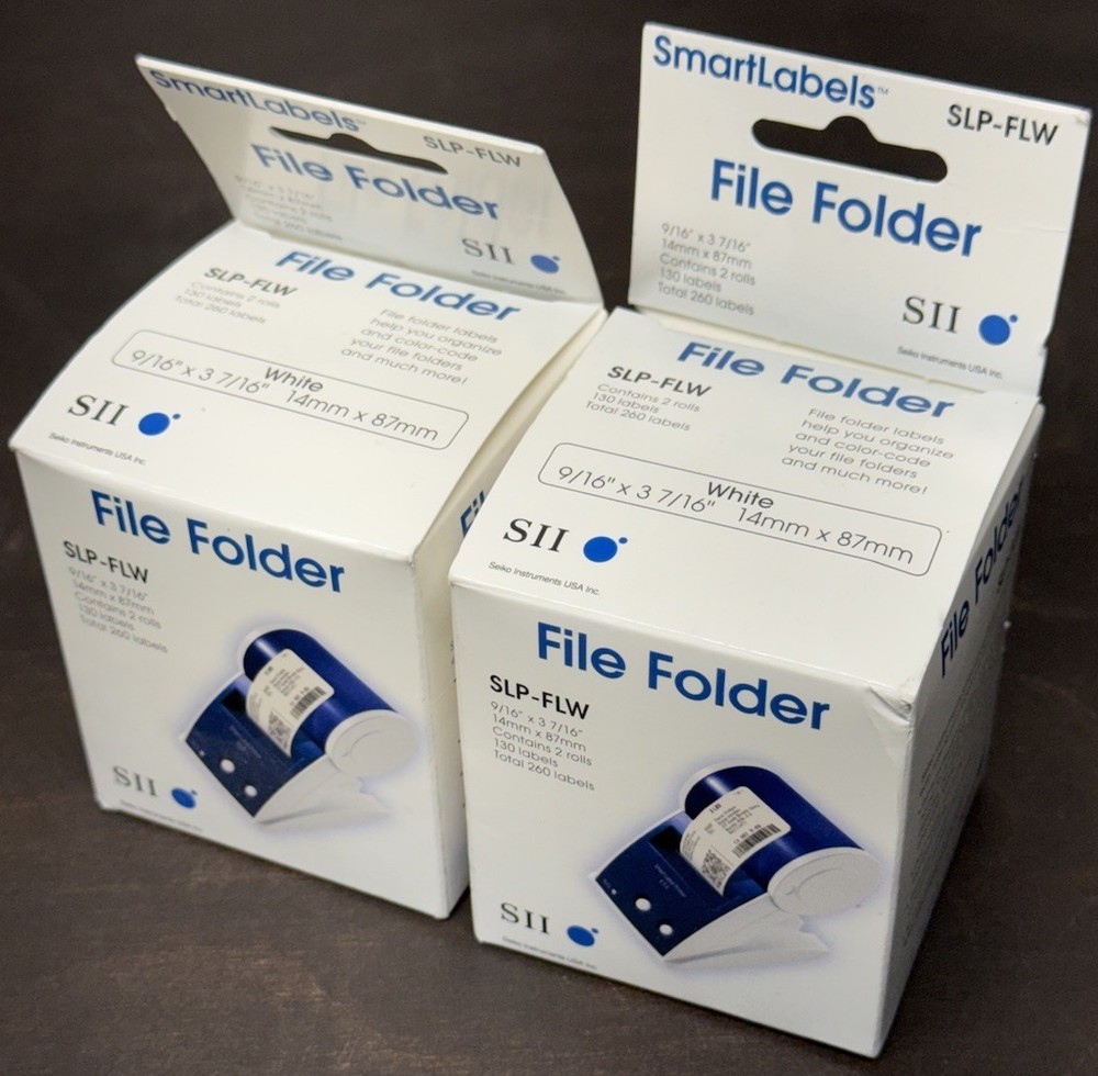 Lot Of 2 Seiko SLP-FLW File Folder Labels White 14mm X 87mm 520 Labels Total