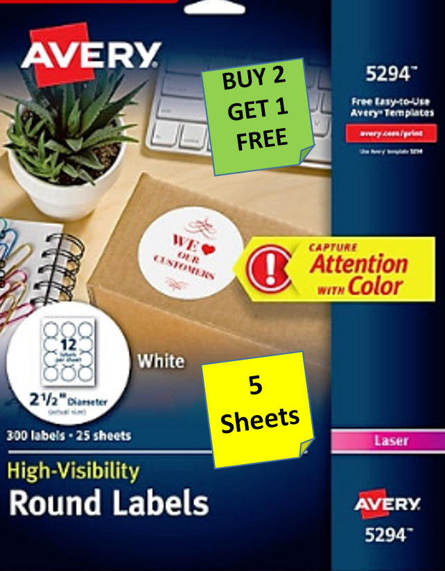 [5 Sheets] Avery 5294 White Round Labels 2 1/2 diameter LASER B2G1