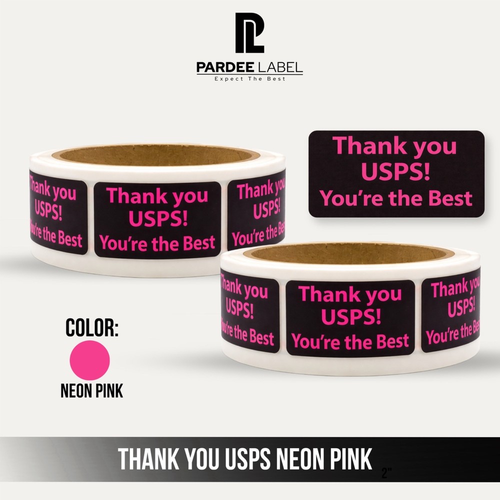 Neon Pink Thank You USPS Stickers 1″ x 1.5″ 250/Roll Labels