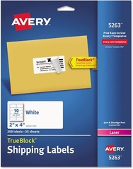 Avery 5263 Laser Labels, Mailing, Permanent, 2-Inch X4-Inch, 250/Pk, White