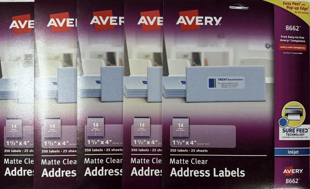 5 Packs Avery 8662 1.33 x 4 Matte Clear Easy Peel Mailing Labels, 1,750 Labels