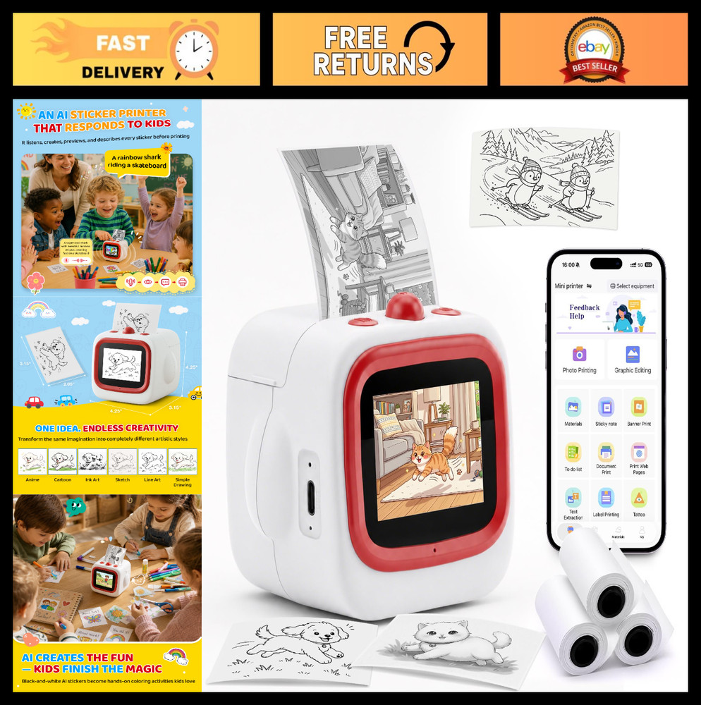 Portable Mini Voice Sticker Printer – AI Drawing, Thermal Sticker Maker for Kids