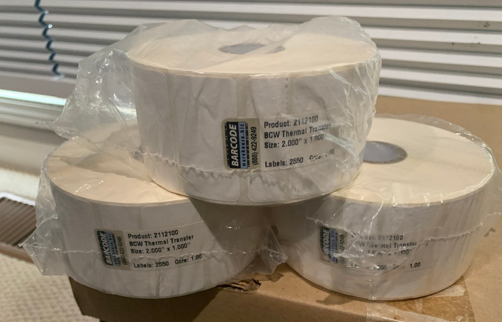 3 Rolls of 2 x 1 Labels for Thermal Transfer Printers – 1 Inch Core 2550/roll