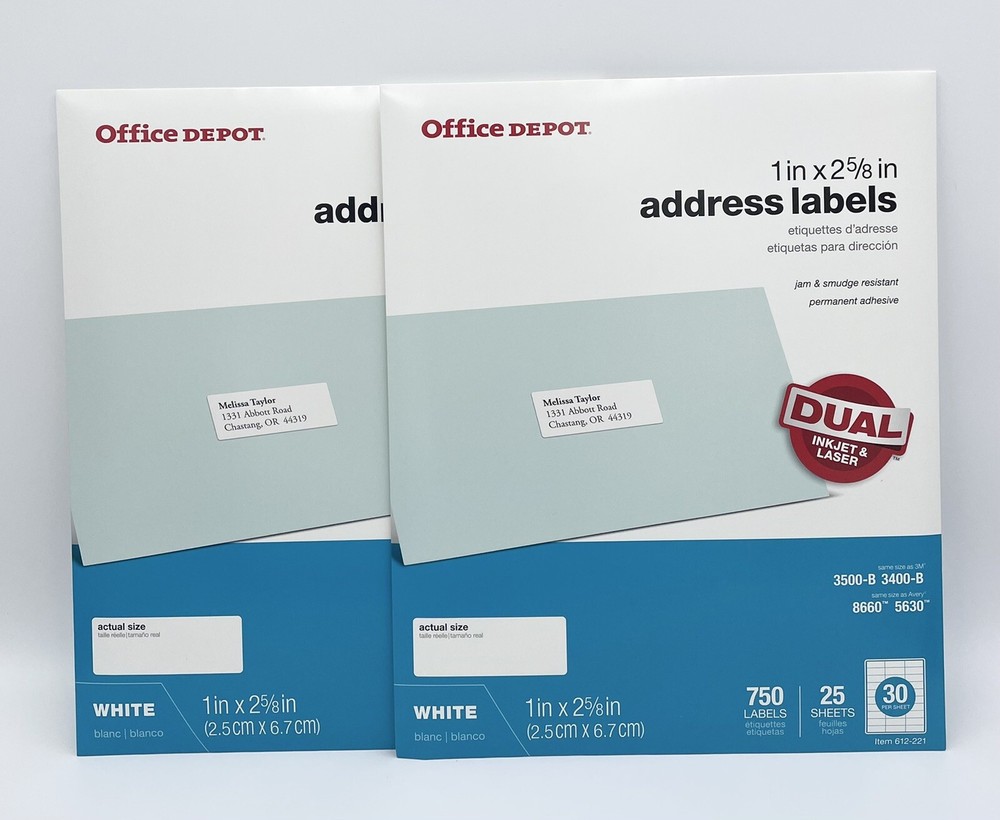 2 Packs-Office Depot Inkjet/Laser Address Labels,1″ x 2 5/8″,White,750/Pack each