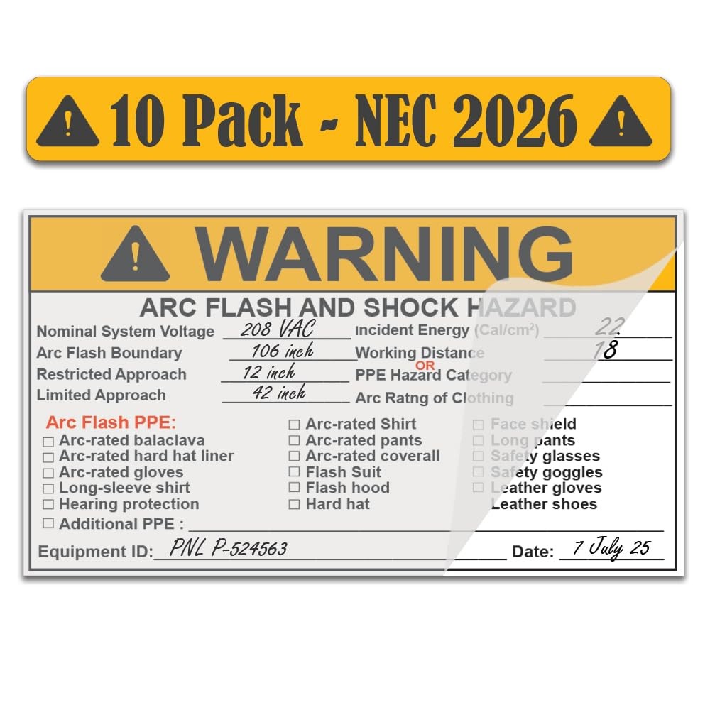 5 Labels & 5 Clear Sheets NEC 2026 Compliant Vinyl Write-On Arc Flash Labels …