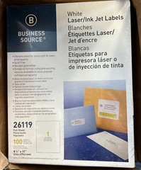 Business Source Mailing Labels Full Sheet Laser 8-1/2″x11″ 100/PK White 26119