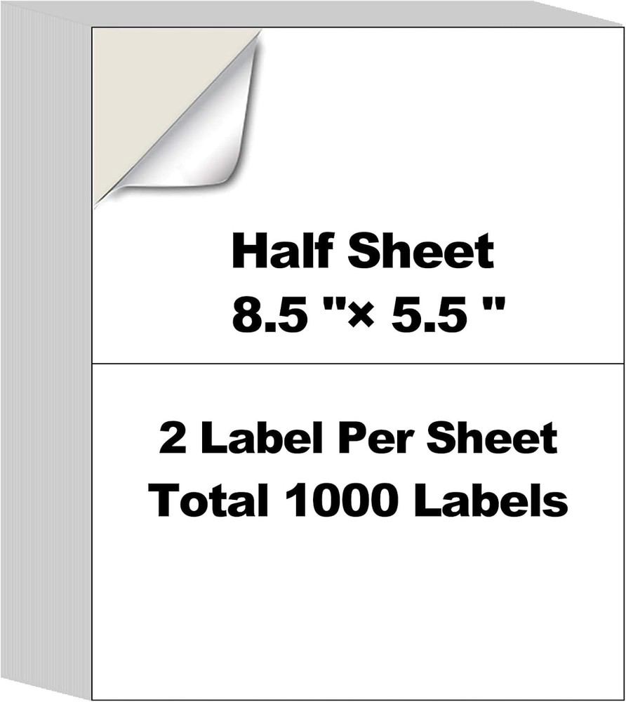 1000 Half Self Shipping Labels 8.5″x5.5″ Blank Self Adhesive Sticker 2 Per Sheet
