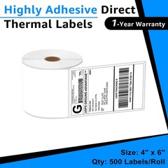 4×6 Direct Thermal Shipping Labels 500 Labels / Roll Strong Adhesive for Zebra