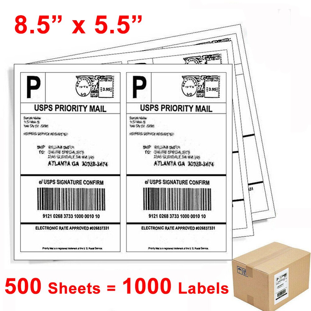 1000 Shipping Labels 8.5×5.5 Half Sheet Blank Self Adhesive 2 Per Sheet