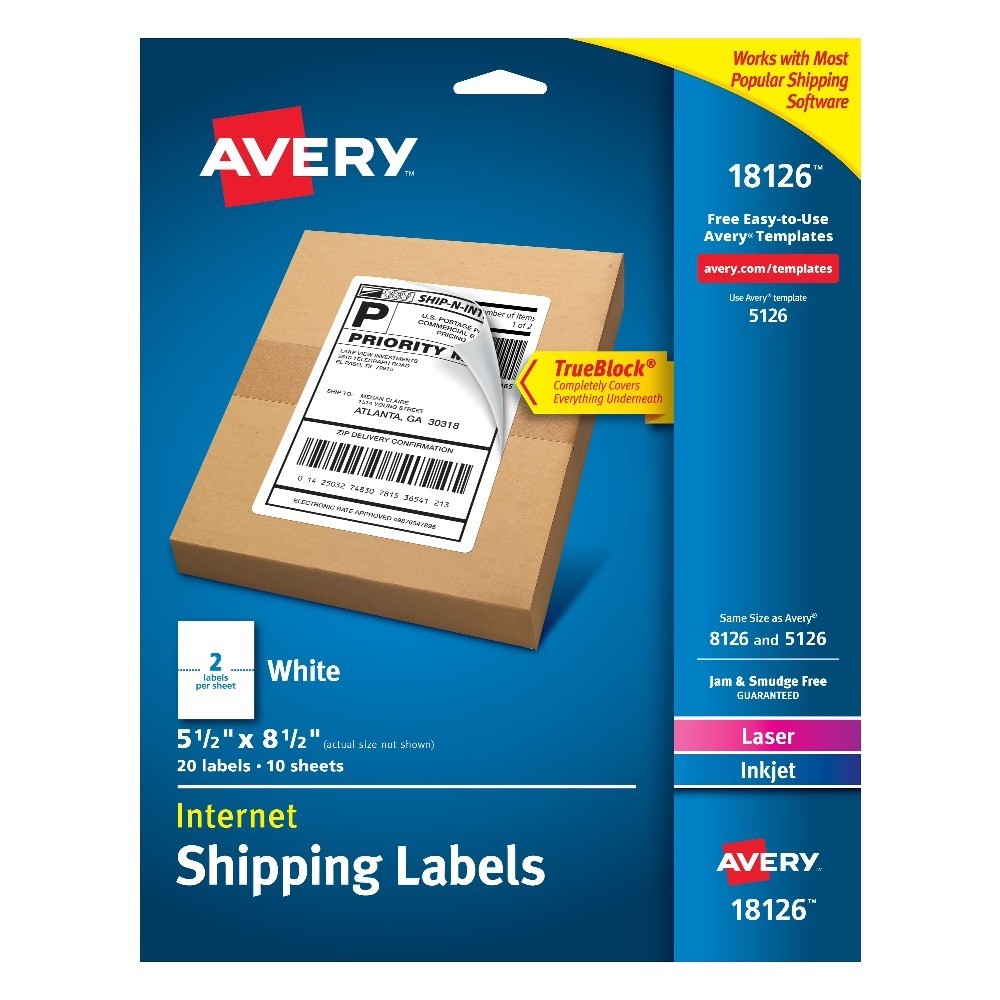 Shipping Labels, 5-1/2″ x 8-1/2″, Paper, White, TrueBlock, Laser/Inkjet, 20