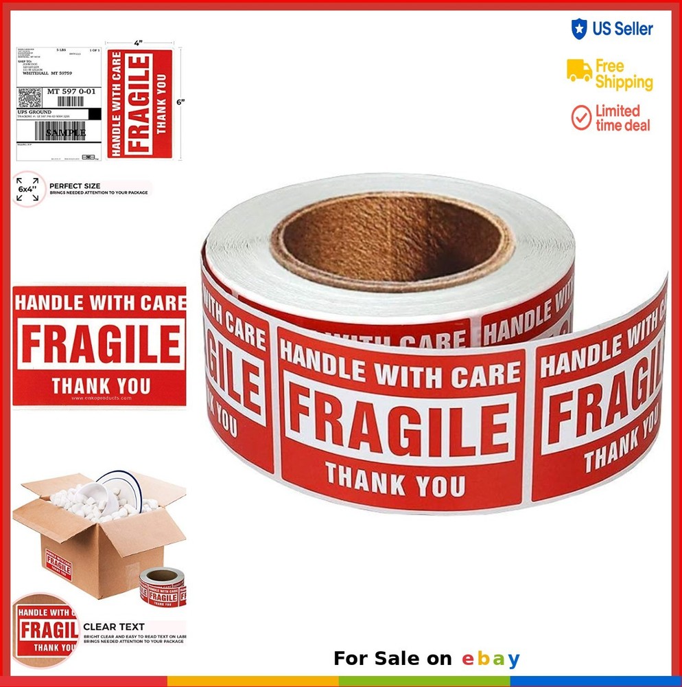 Fragile Stickers Handle with Care Warning 4×6 Inch Labels 500 Packing Shipping