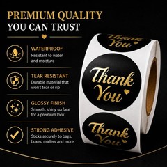 500 Thank You Stickers Roll – 1.5 Inch Black and Gold Foil Round Labels &#