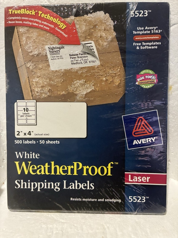 Avery WeatherProof Shipping Labels w/TrueBlock Laser White 2 x 4 500/Pack 5523