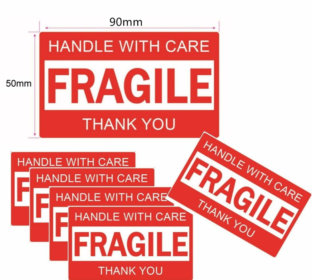 480 RED Glossy Sticker – FRAGILE HANDLE WITH CARE – 90x50mm SELF ADHESIVE LABEL