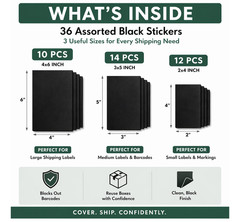 Barcode Cover Stickers – Black Label 36 Pack, Assorted Sizes 2×4, 3×5, 4×6