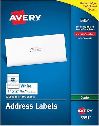 Mailing Labels for Copiers 1×2-13/16in labels White 33-up 100-sheets 3300/BX