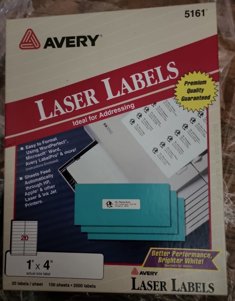 Avery, Easy Peel, White, Laser Address Labels, 2000 Labels, 1″ x 4″ (5161)