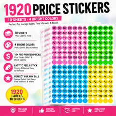 1920 PCS Yard Sale Price Stickers 3/4″ Pre-Priced Labels Garage Sale Tags Neon