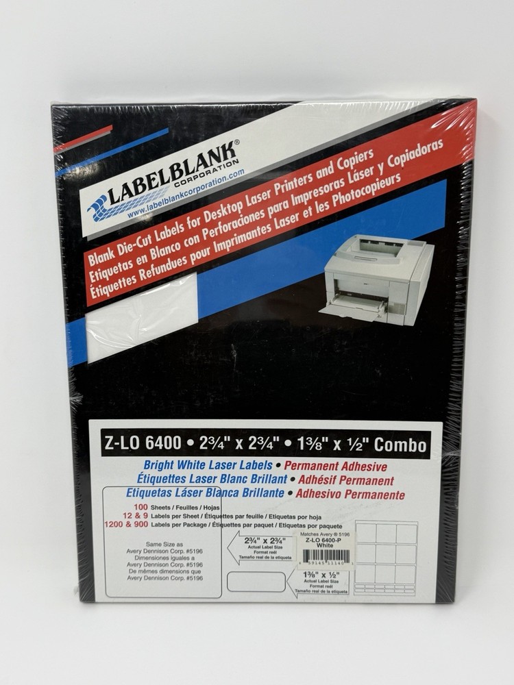 LabelBlank Z-LO 6400 Combo 2-3/4×2-3/4, 1-3/8×1/2 Bright White Laser 100 Labels