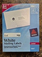 SEALED Avery 5961 White Mailing Address Labels Laser 1×4 5000 Ct 250 Sheets x 20