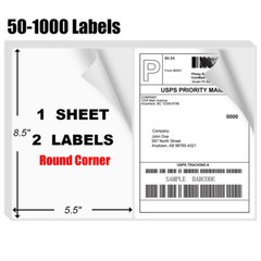 50-1000 Premium 8.5×5.5 Shipping Labels Round Corner Half Sheet Self Adhesive