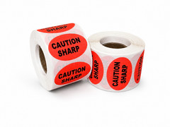 Caution Sharp 1.5×1 Oval Warning Labels 2 Rolls 1000 Total Stickers