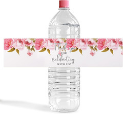 Wedding Water Bottle Labels Thank You, 50 Pcs Pink Rose Flower Wraps Floral