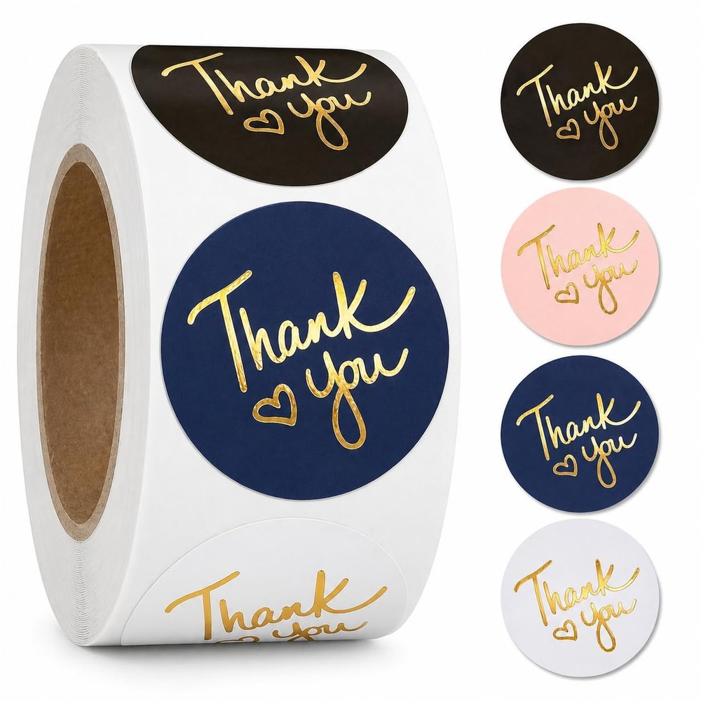 500 2 inch Thank You Stickers – Round Labels with Gold Foil Heart (Black,