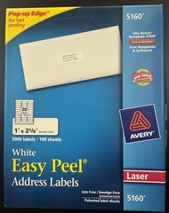 AVERY 5160 EASY PEEL ADDRESS LABELS 1 X 2 5/8″ 30/SHEET 80+ SHEETS 2400+ LABELS