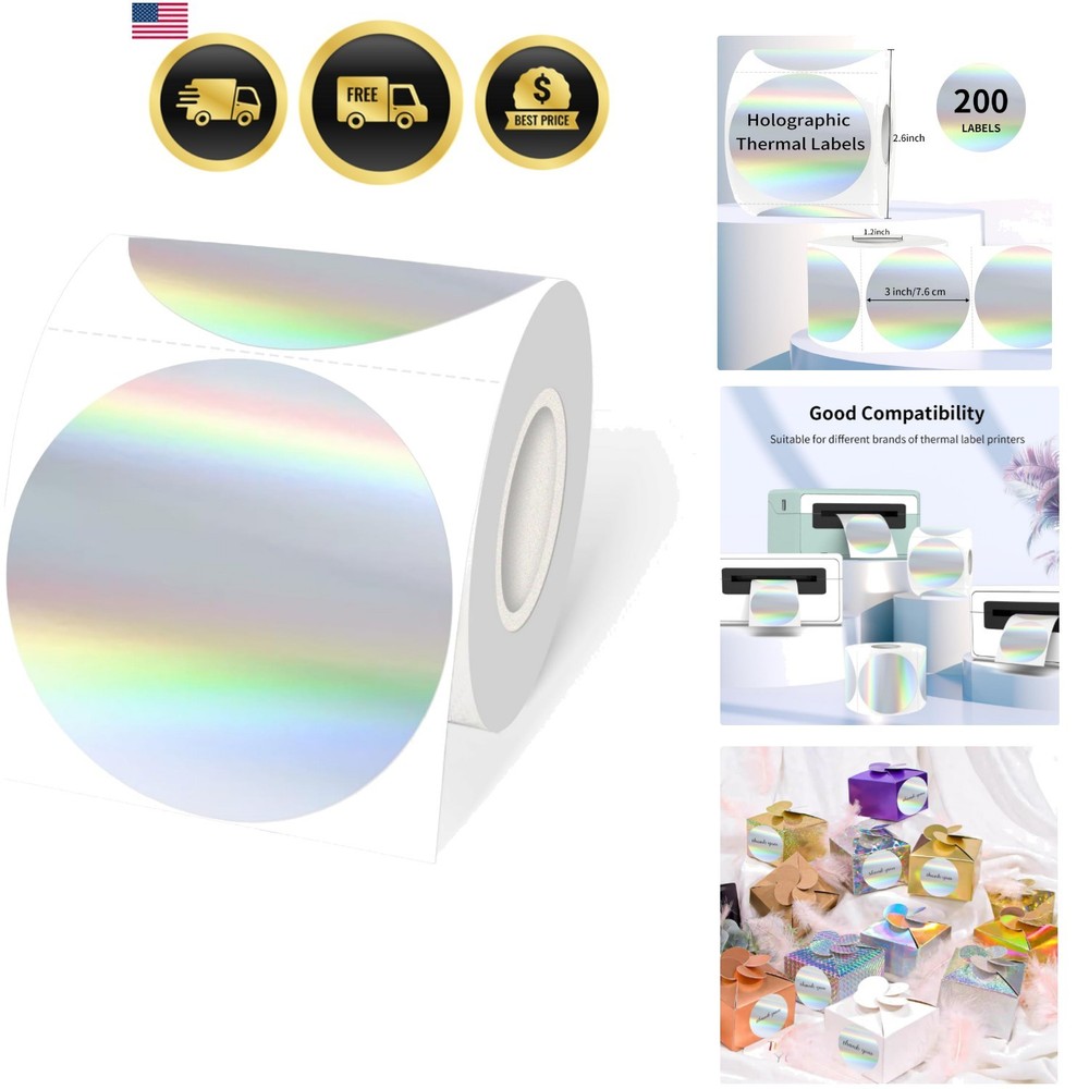 3″ Holographic Direct Thermal Label Stickers, Round Printable Rainbow Glitter…