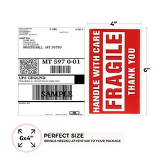 enko 4 x 6 Inch Large Fragile Stickers Handle with Care Warning Packing Shipp…