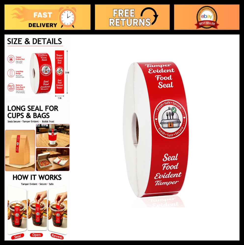 500 Pcs Tamper Proof Stickers 1.5″x6″ – Food Seal Labels for Pizza, Coffee, Take