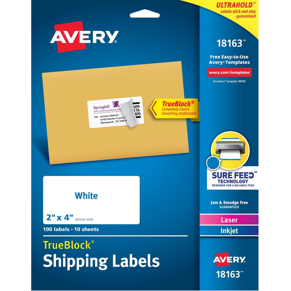 Avery 18163 Shipping Labels – 2″ x 4″ White Paper,TrueBlock®,Laser/Inkjet,100 Ct