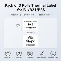 3 Rolls Set Label for B1/B21/B3S Label Printer, 1.57″ x 1.18″ (40×30 mm), Wat…