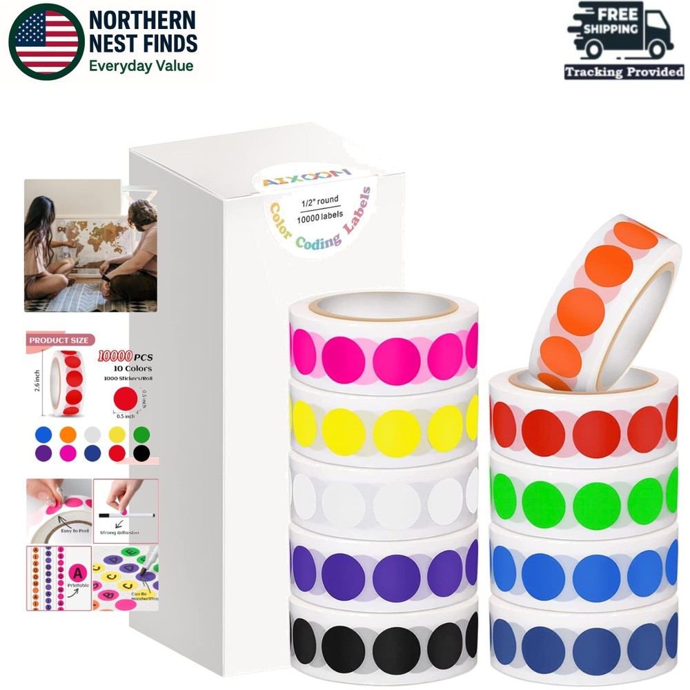 1/2″ Round Adhesive Labels – 10000 PCS in 10 Colors for Crafting & Organization