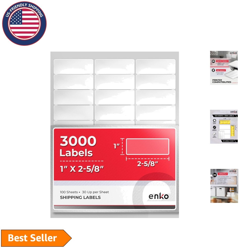 Versatile 1×2-5/8 Inch White Labels – 3000 Count for InkJet and Laser Printers
