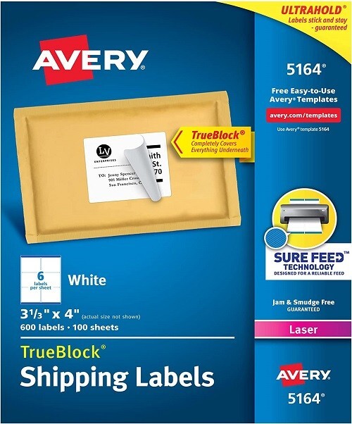 Avery Printable Shipping Labels with Sure Feed, 3-1/3″ x 4″, White, 600 Blank Ma