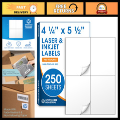 250 Sheets Matte White Printable Shipping Labels 4.25″ x 5.5″ for Inkjet & Laser