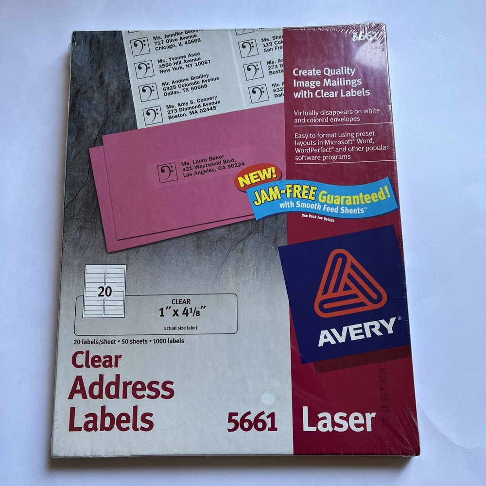 Avery Clear 5661 EasyPeel Laser Address Label 1″ x 4 1/8” 1000/box / Brand New