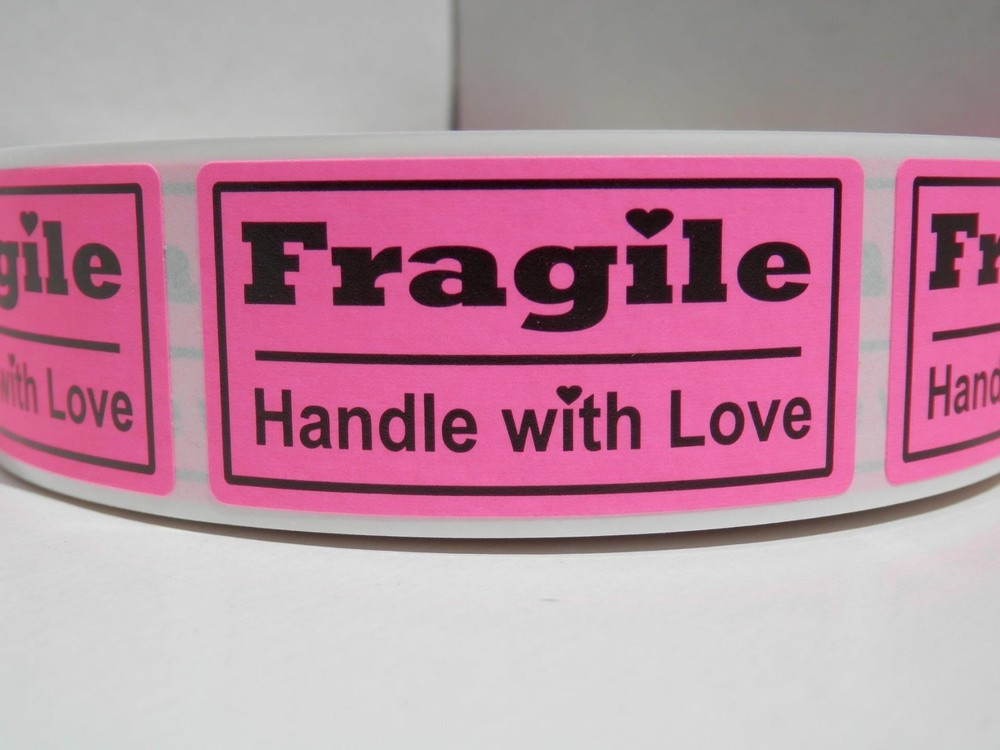 FRAGILE HANDLE WITH LOVE 1×2 fluorescent pink Warning Stickers Labels 250/rl