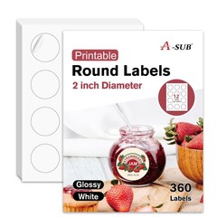 2″ Round Label Stickers for Inkjet or Laser Printer, Glossy White, 360 Printa…