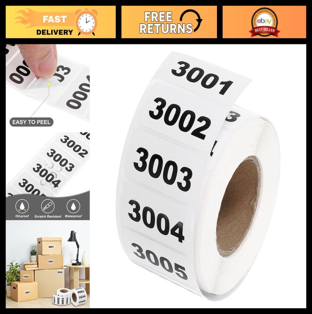 Consecutive Numbered Labels 3001-4000, Self-Adhesive Waterproof Inventory Sticke