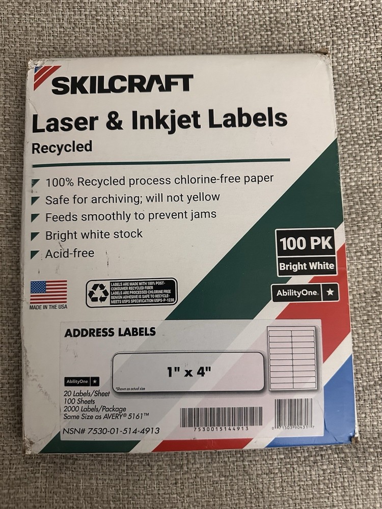 Skilcraft Laser & Inkjet Labels 1×4 Inch 100 Sheets 2000 Address Labels