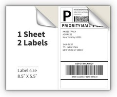 White 8.5 x 5.5 (200 Labels) (2LP) Half Sheet Shipping Labels for Laser and Inkj
