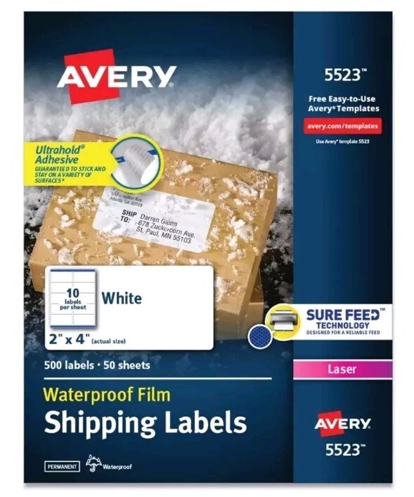 Avery 5523 Waterproof 2″ x 4″ Address Labels – White (10/SH, 50 SH/PK) New