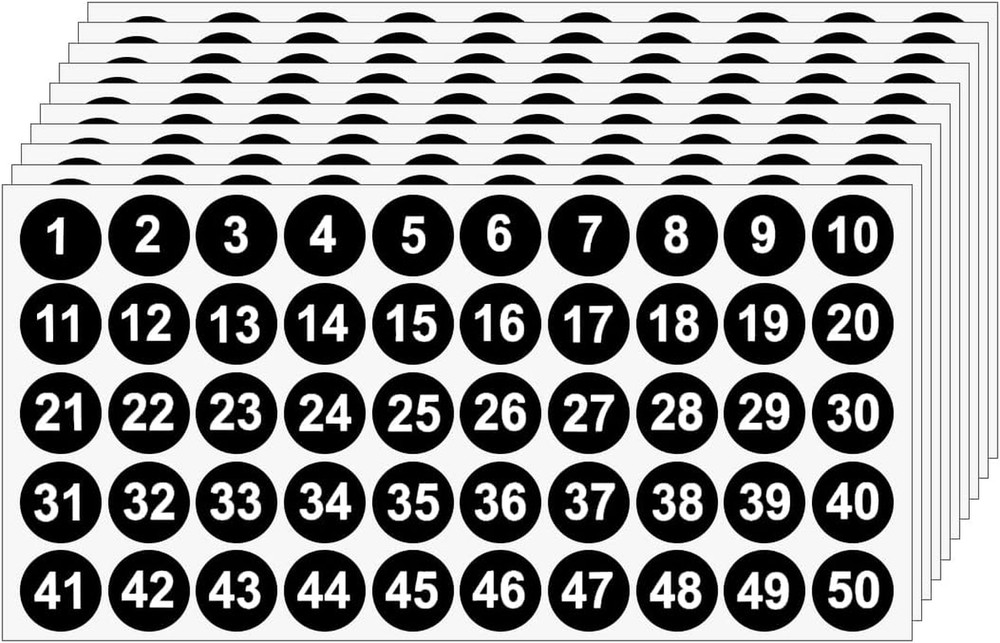 20 Sheets 1 to 50 Vinyl Small Round Labels Consecutive Number Stickers Waterproo