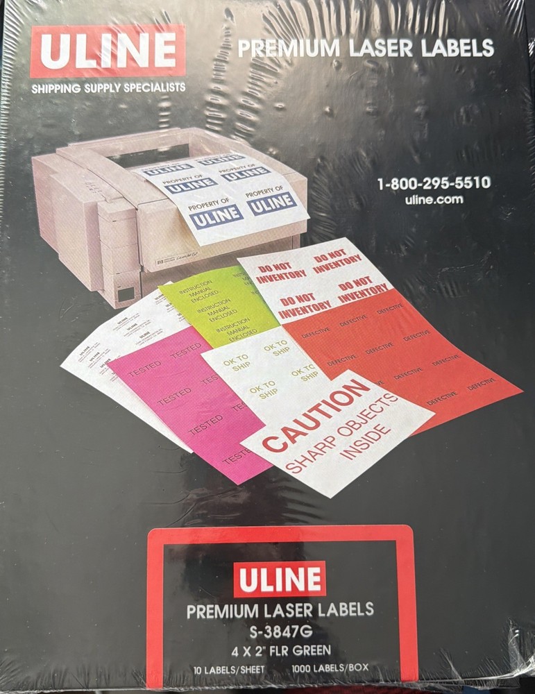 ULINE S-3847G 4X2″ FLR GREEN Premium Laser Labels 1000 Labels/Box *SEALED*