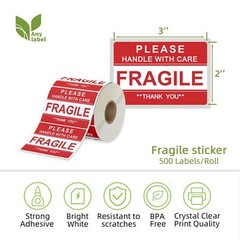Self Adhesive Fragile Label for Shipping, Handle with Care Caution, 500Pcs 1Roll