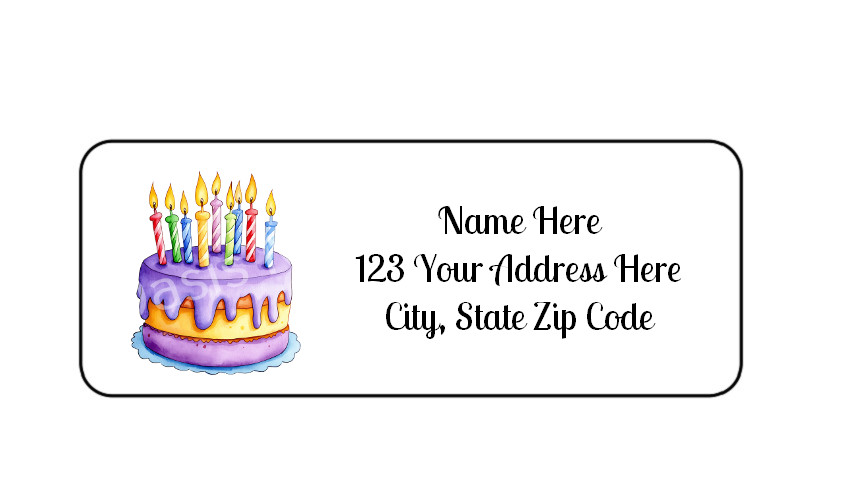 30 Purple Birthday Cake PERSONALIZED RETURN ADDRESS LABELS 1 in X 2 5/8 GLOSSY