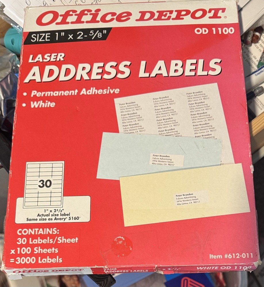 Office Depot Laser Address Mailing Labels 1″x 2 5/8″ White 3000 Count ~ Open Box